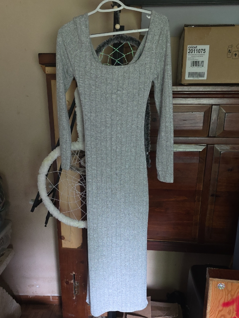 Scoop Neck Gray Ribbed Maxi Dress - Long Sleeve Bodycon